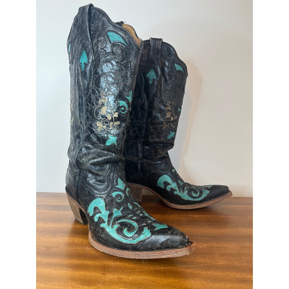 Corral Boots Black Turquoise Leather Western Cowgirl Boots Women's Size 7M C2658